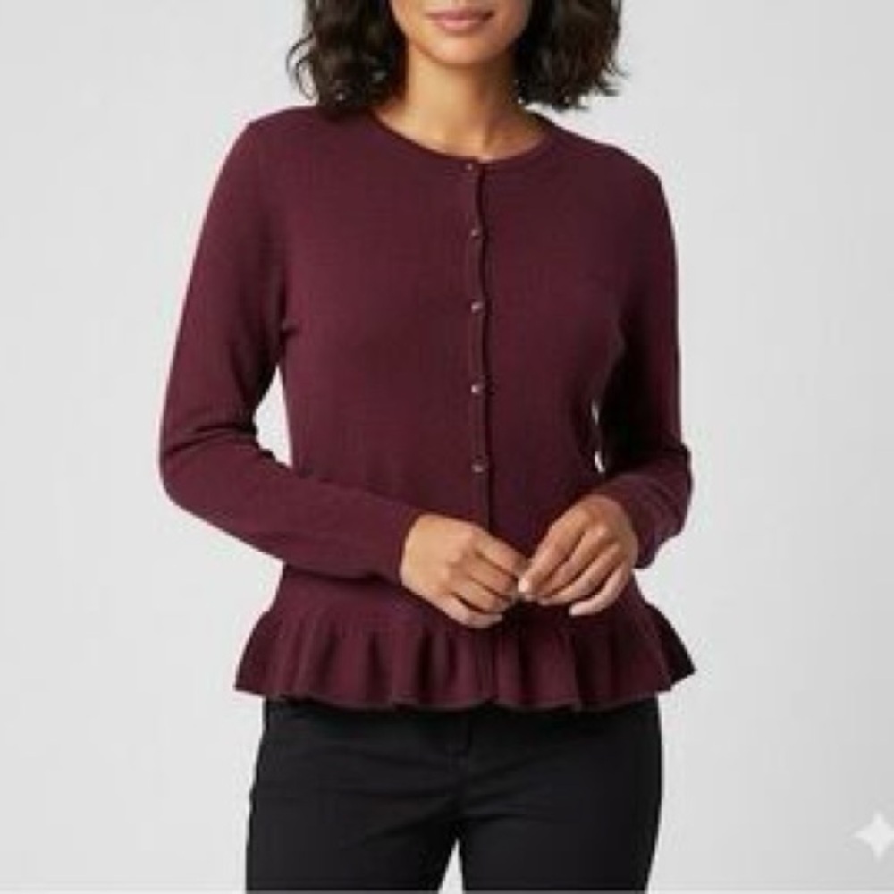 Garnet Hill 100% Cashmere Ruffle Hem Cardigan Sweater Burgundy Womenâs Size L
